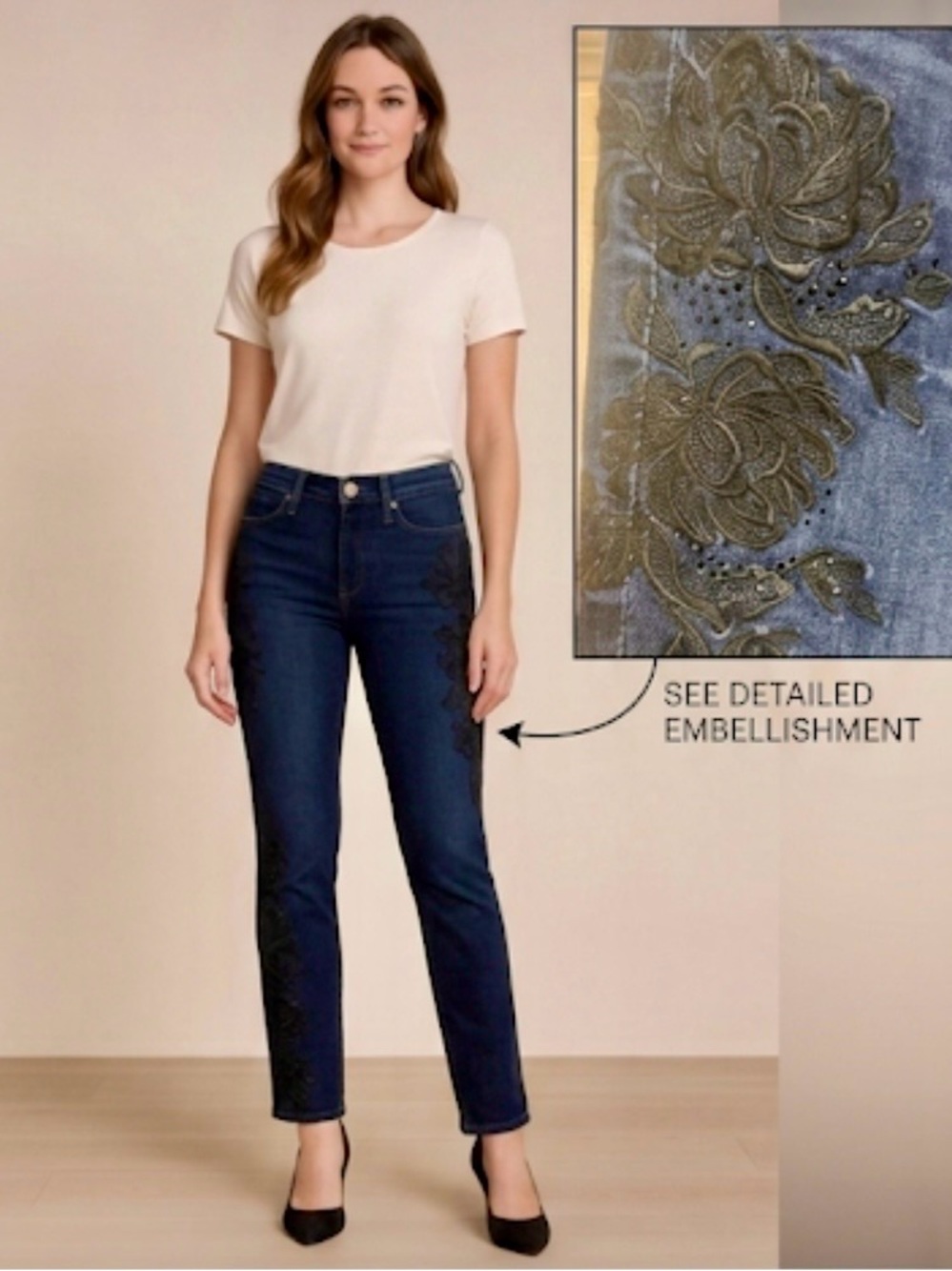 WHBM Lace Embroidered Dark Wash Slim Fit Jeans 8R